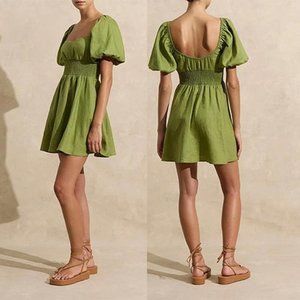 Peony Smocked Puff Sleeves Mini Dress Women's Olive Size: XS NWOT